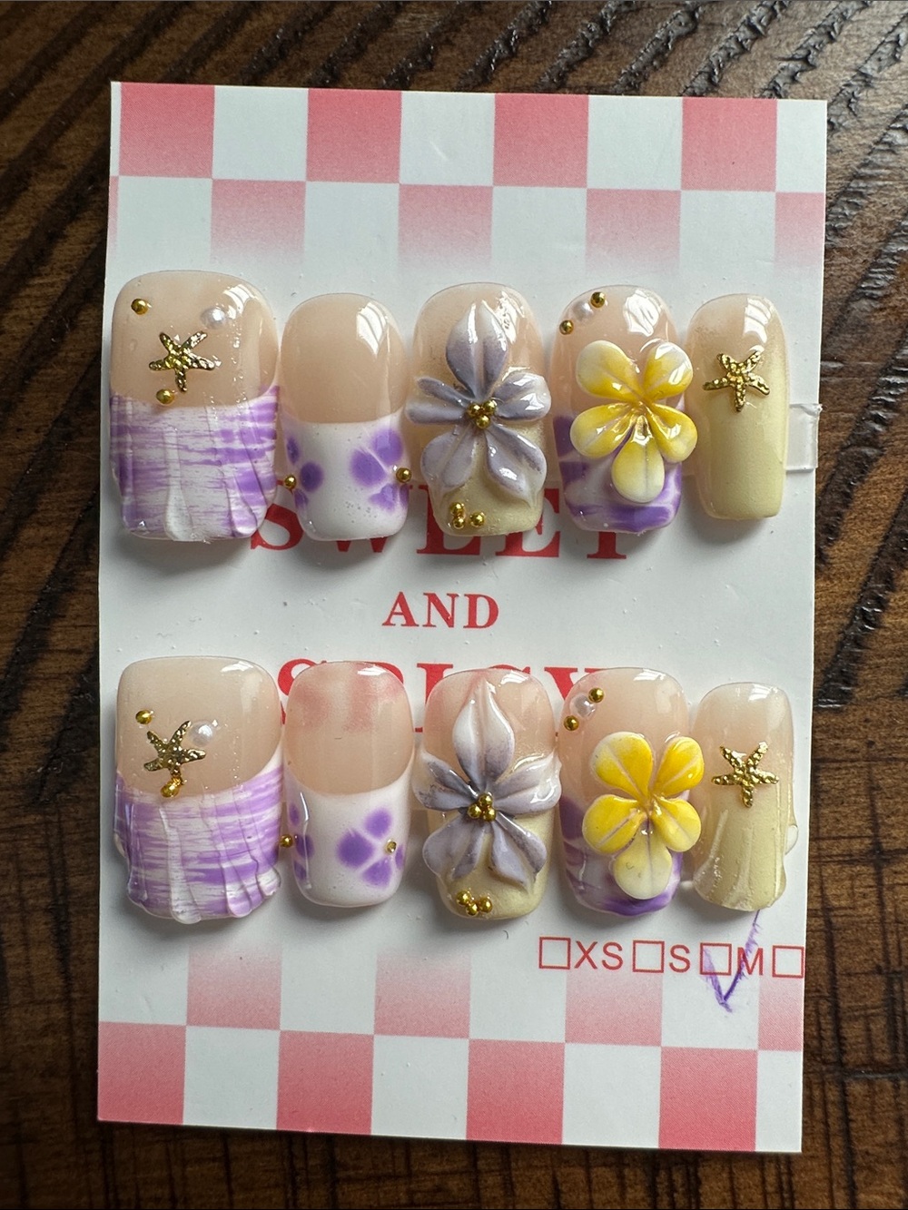 Handcrafted Purple & Yellow Floral Press-On Nail Set